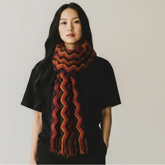 V. FRAAS 100% Cashmere Scarf Wrap Zig Zag Chevron Burgundy Red Yellow Fringe